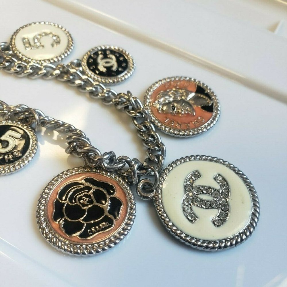 CHANEL ~ Vintage 90's Coco Chanel #5 CC Logo Rhinestone Charm Bracelet - Picture 5 of 8